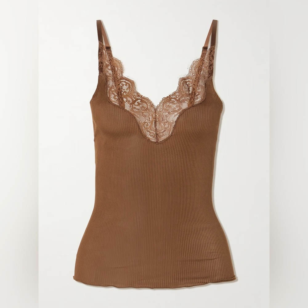 Saint Laurent Lace trimmed ribbed silk jersey tank small